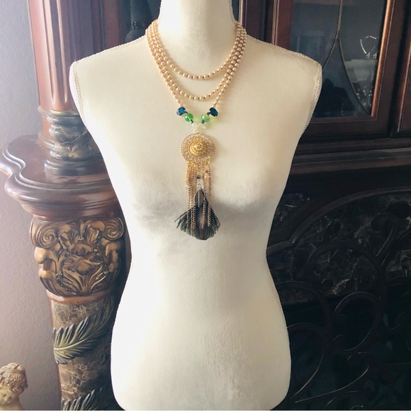 Handcrafted filigree pendant Czech Pearl genuine emerald gemstone clasp necklace - Picture 5 of 12